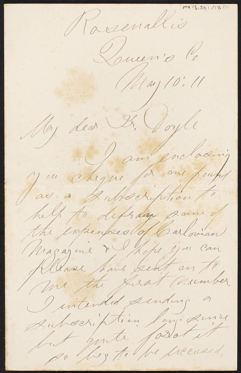 Letter from Paul Dunny, Rosenallis, Laois, to Patrick J. Doyle enclosing a subscription to the expenses of 'The Carlovian' magazine,