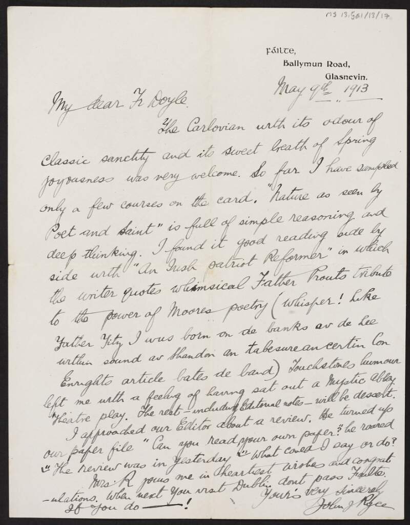 Letter from John J. Ryce to Patrick J. Doyle commending an issue of 'The Carlovian',