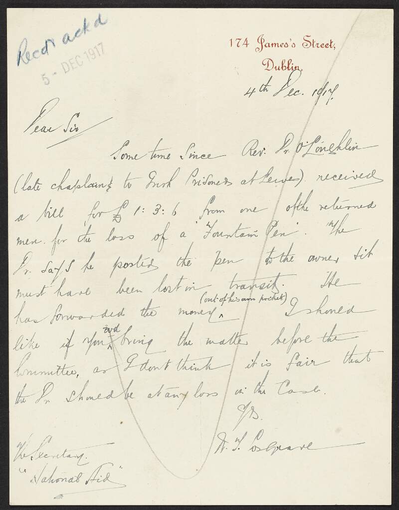 Letter from W. T. Cosgrave to the INAAVD expressing gratitude for cheque and regarding reimbursing Fr. A. J. O'Loughlin for covering the price of a lost pen,