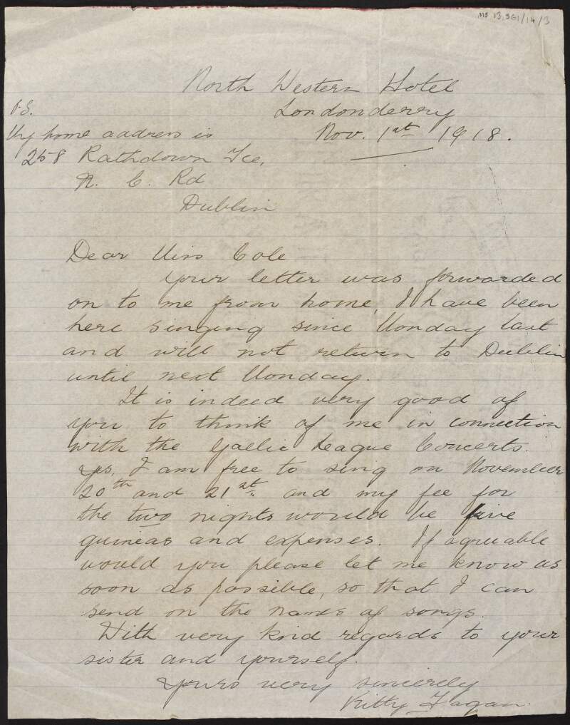 Letter from Kitty Fagan, Rathdown Terrace, Dublin, to Miss Cole regarding her willingness to sing in a Gaelic League concert and her fee,