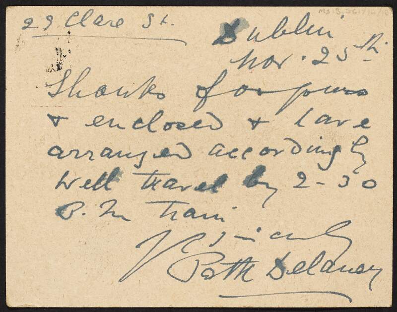 Postcard from Patrick Delaney to Patrick J. Doyle regarding the travel arrangements for the Gaelic League concerts in Carlow,