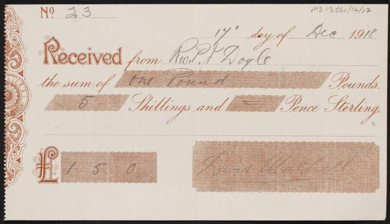 Receipt issued by David Mulhall to Patrick J. Doyle for payment for posting bills for a play in Cinema Palace, Carlow,