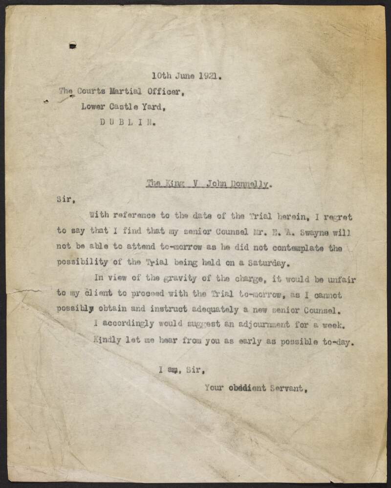 Copy letter from Michael Noyk to the Courts Martial Officer requesting an adjournment of the trial due to E. A. Swayne's inability to attend,