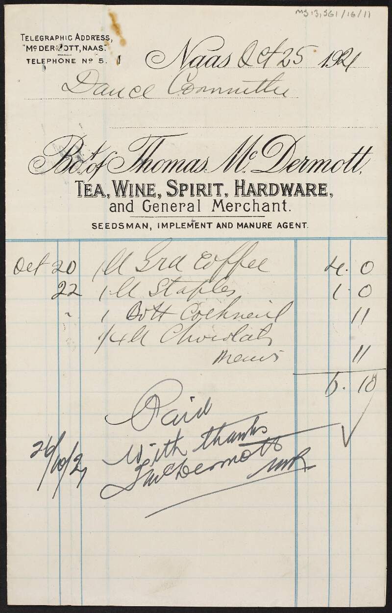 Invoice from Thomas McDermott, General Merchant, to the Naas Sinn Féin Dance Committee for food items,