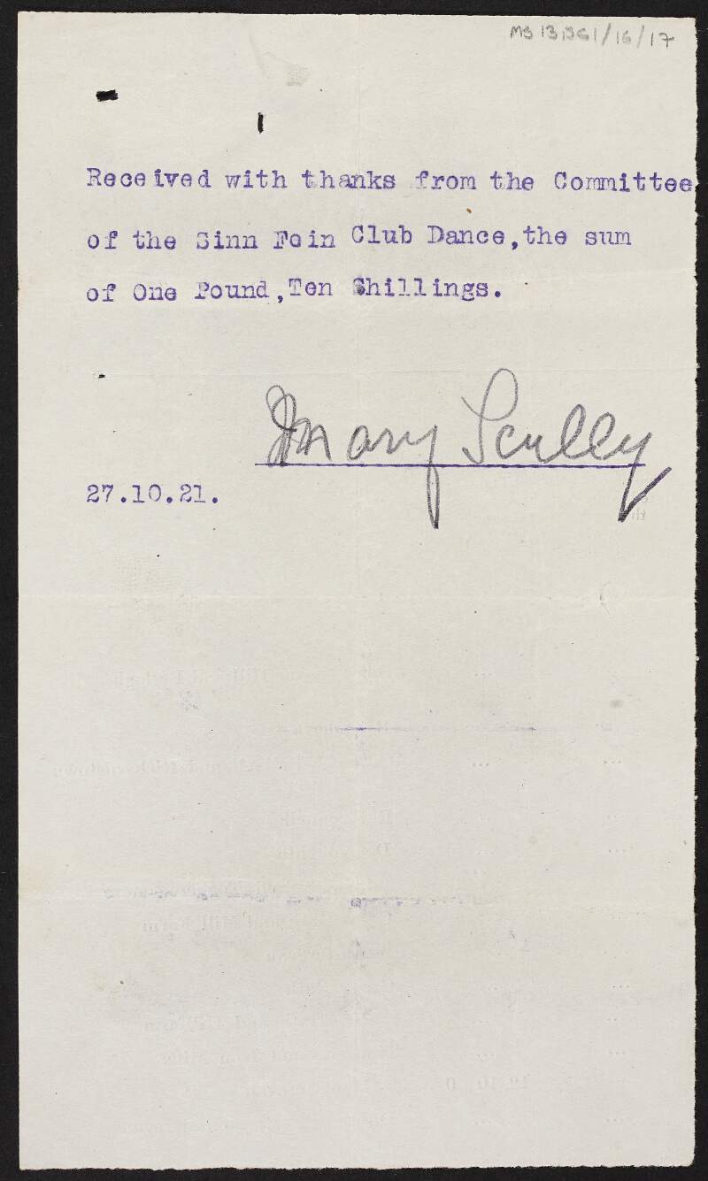 Receipt from Mary Scully to the Naas Sinn Féin Dance Committee,
