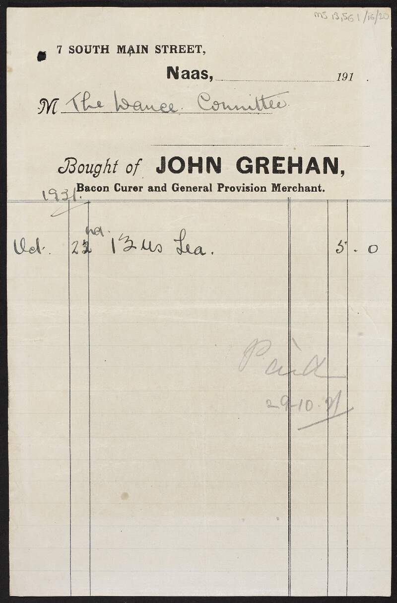 Invoice from John Grehan, General Provisioner, to the Naas Sinn Féin Dance Committee for tea,