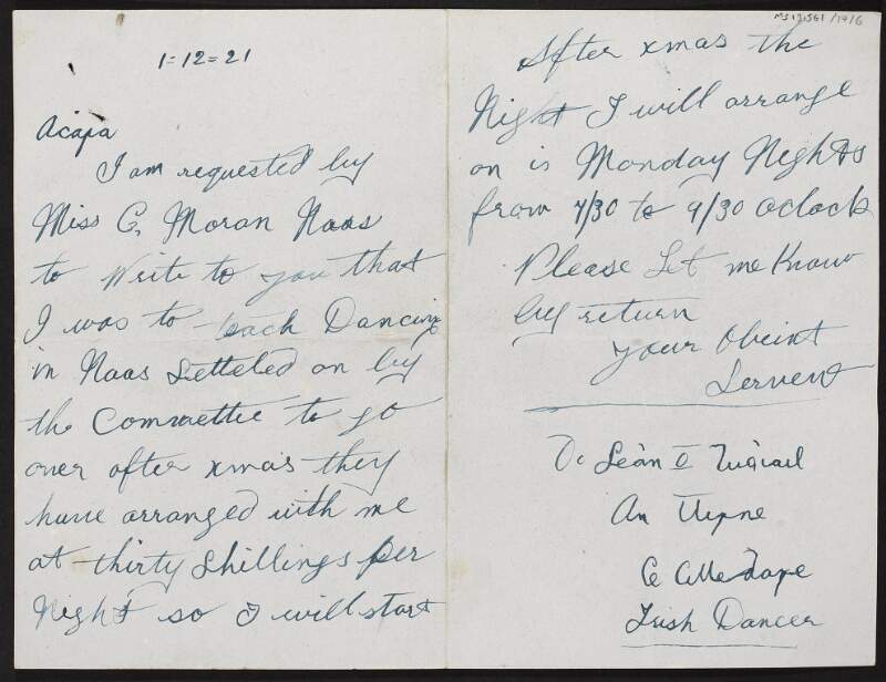 Letter from an unidentified person to Seán O [Hinghail] regarding teaching Irish dancing in Naas,