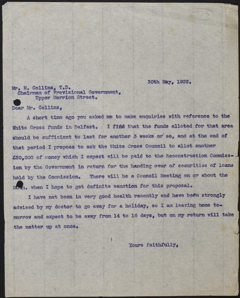 Copy letter from James Green Douglas to Michael Collins regarding Irish White Cross funds in Belfast,