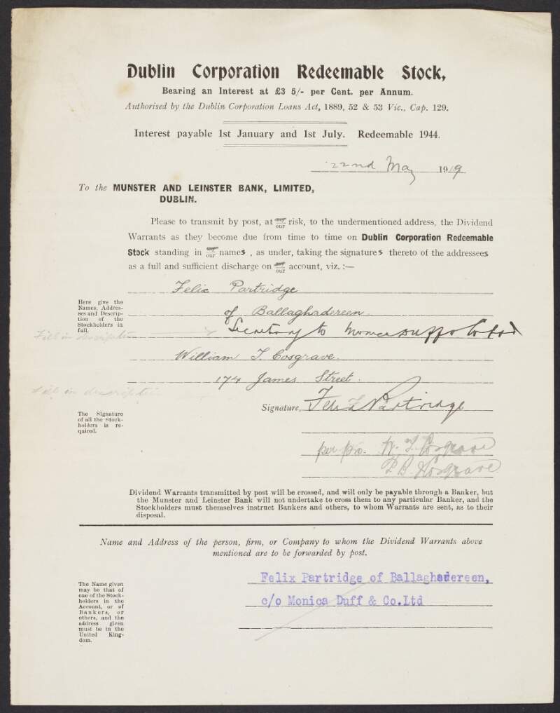 Receipt for Dublin Corporation redeemable stock made out to Felix Partridge,