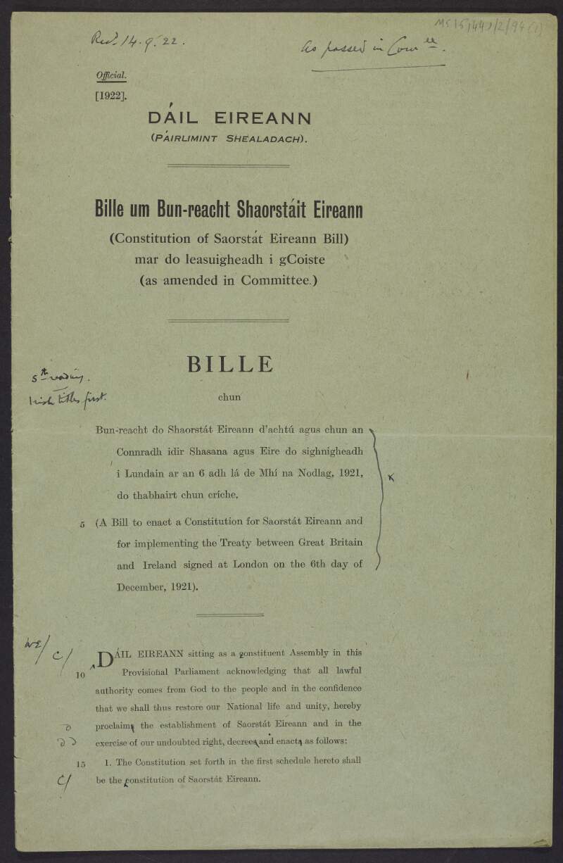 Draft Constitution of Saorstát Éireann Bill as amended in Committee,