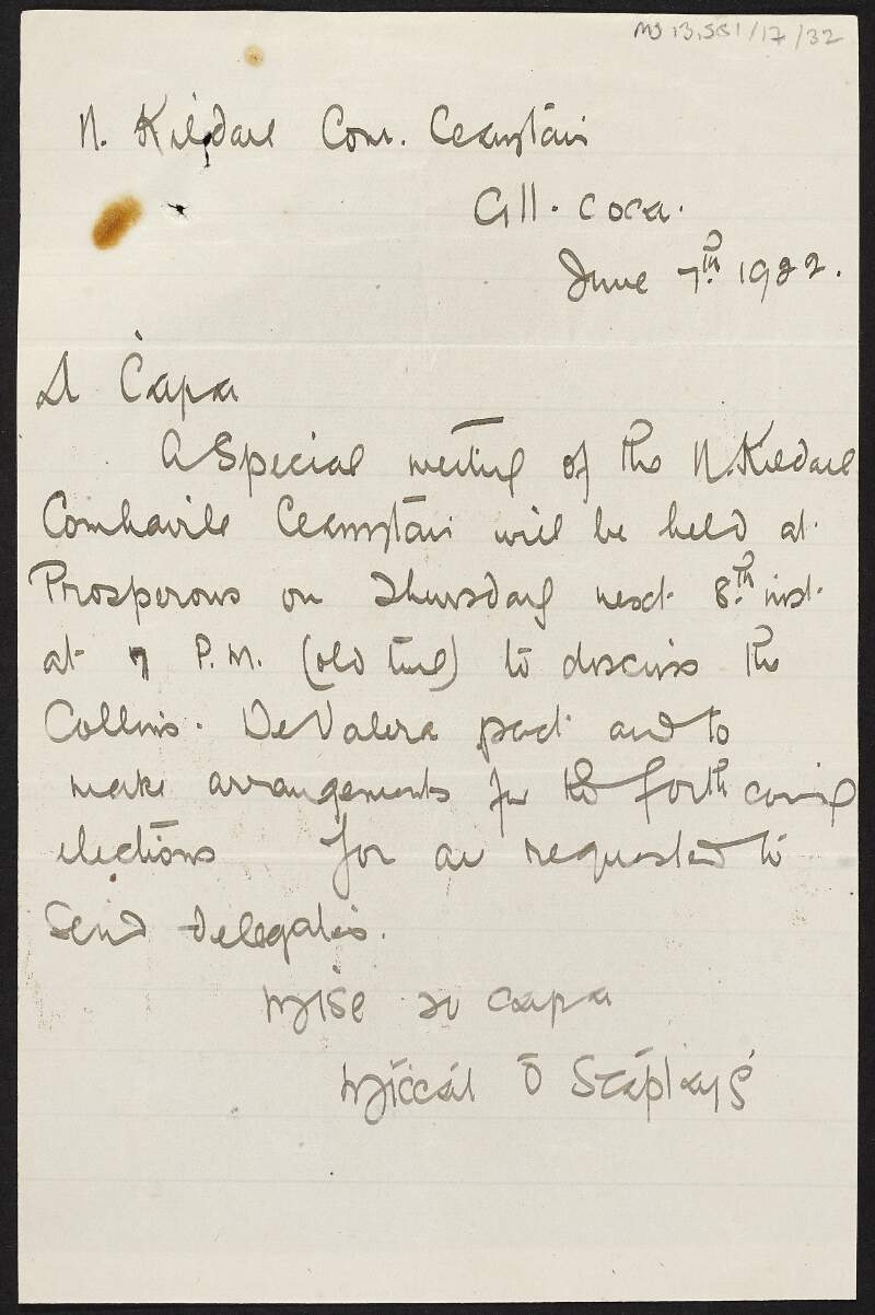 Letter from Michael Stapleton to May Mitchell regarding a meeting of the North Kildare District Committee to discuss the Anglo-Irish Treaty and forthcoming elections, 1922 Jun. 7.