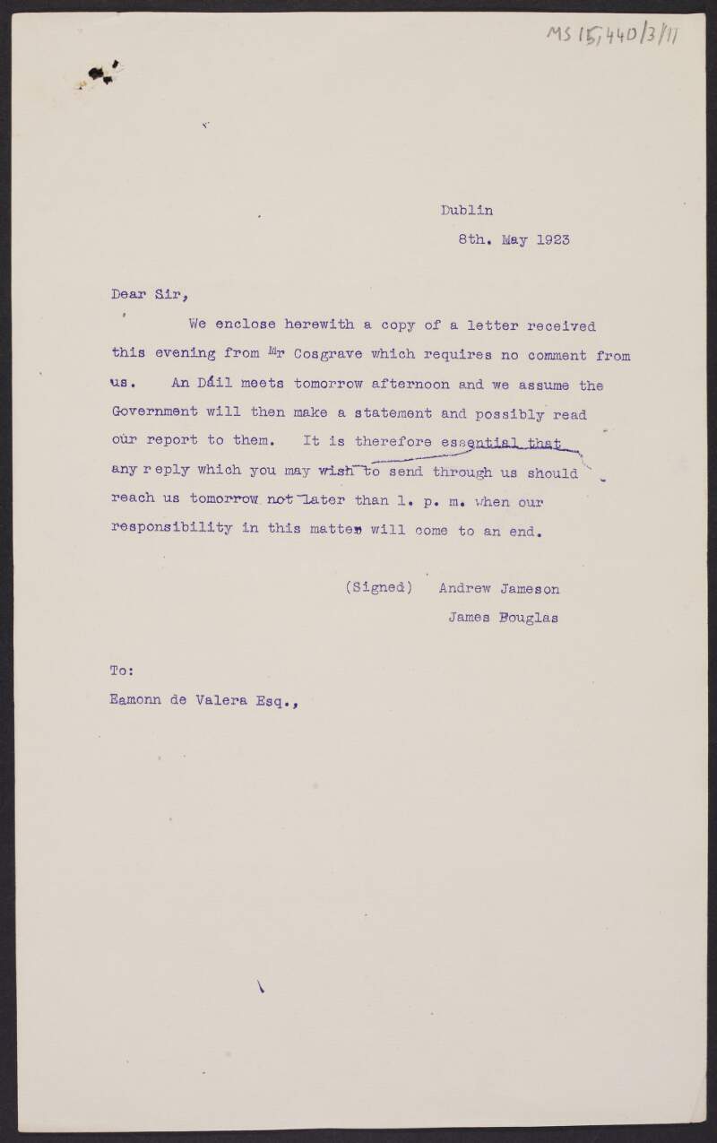 Letter from Andrew Jameson and James Douglas to Éamon de Valera regarding a report,