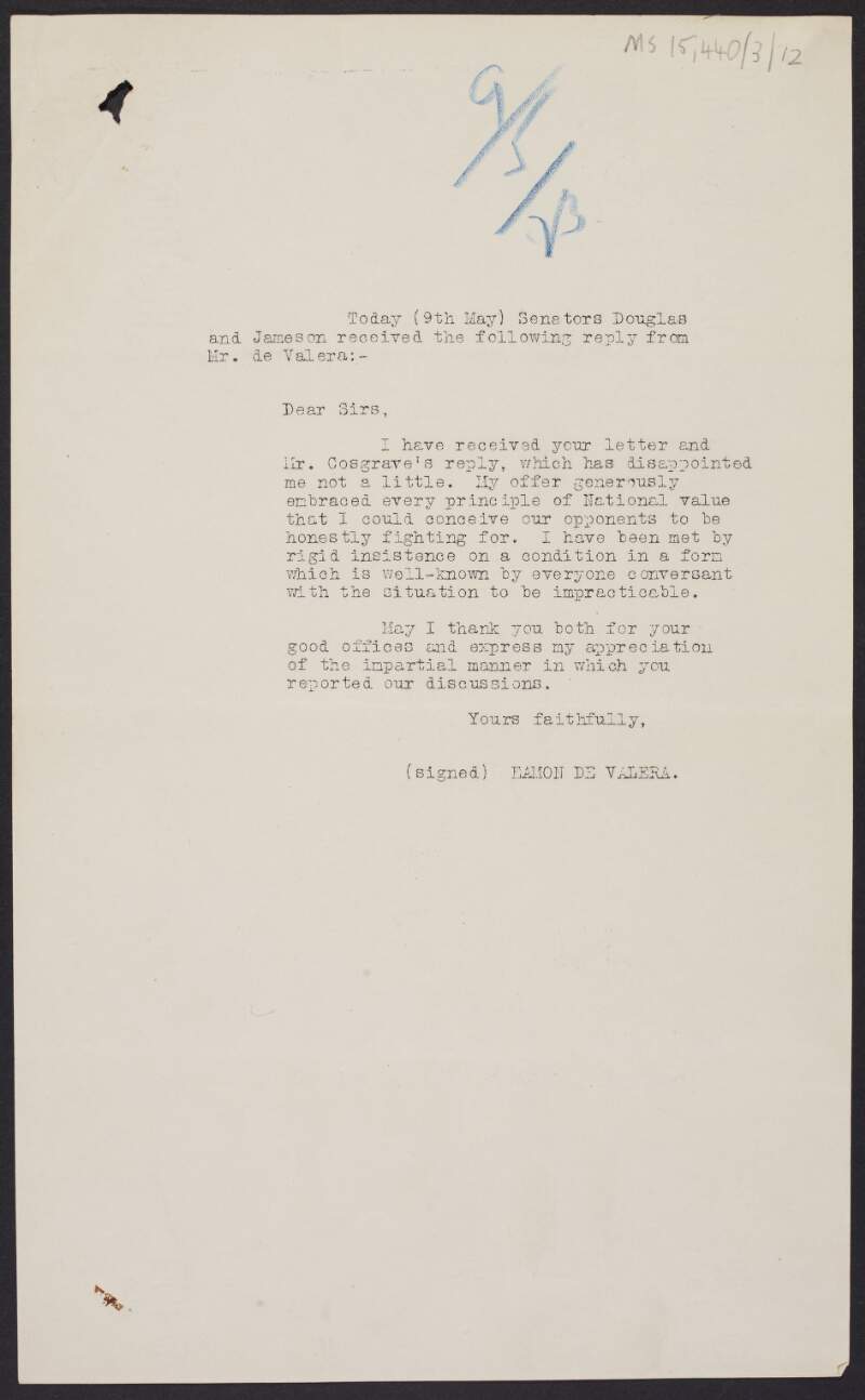 Copy letter from Éamon de Valera to Andrew Jameson and James Douglas regarding negotiations between anti and pro-Treaty parties,