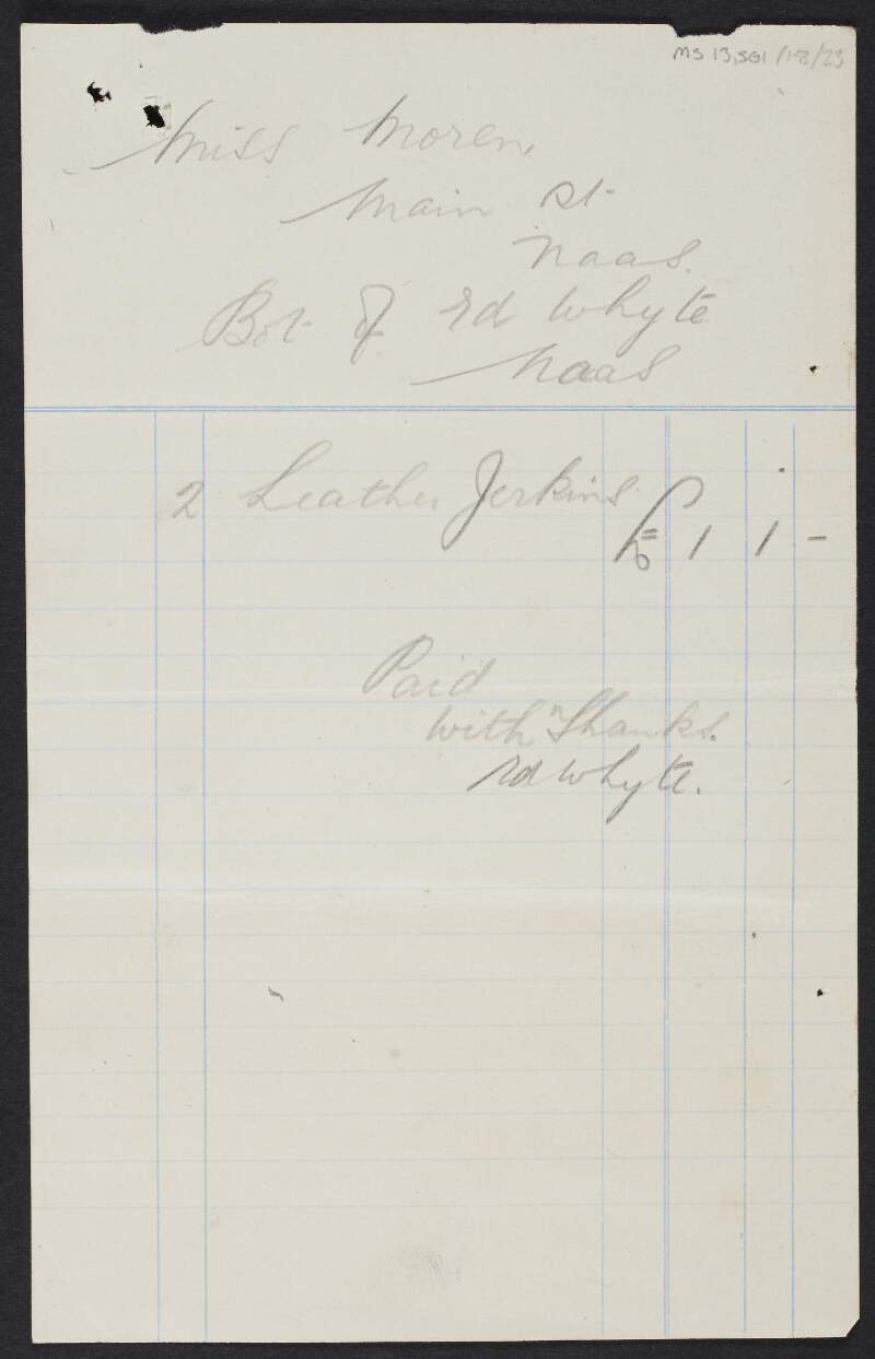 Invoice from Edward Whyte to Miss Moran for leather jerkins,