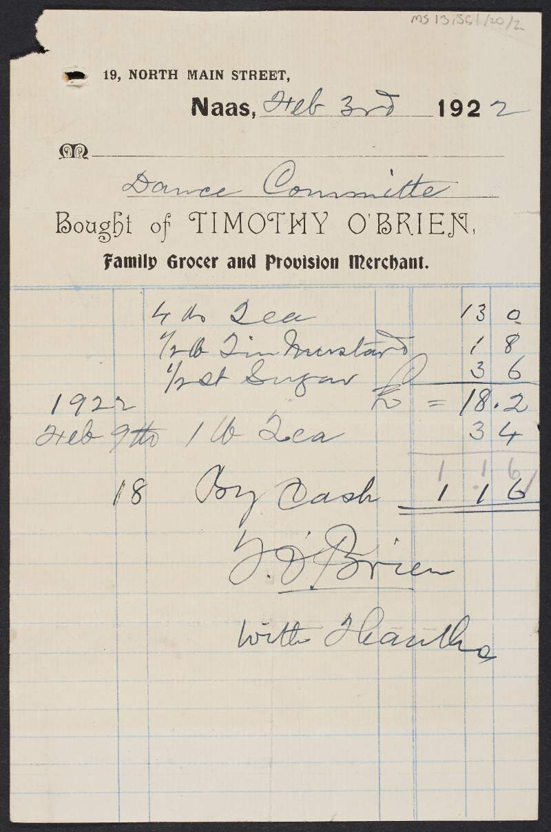 Invoice from Timothy O'Brien, Family Grocer and Provision Merchant, to the Naas Sinn Féin Dance Committee for food items,