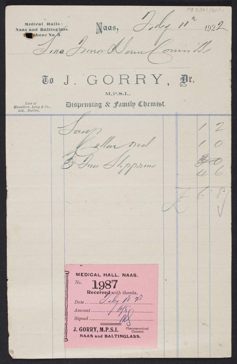 Invoice from J. Gorry, Dispensary & Family Chemist, to the Naas Sinn Féin Club Dance Committee for cotton wool,