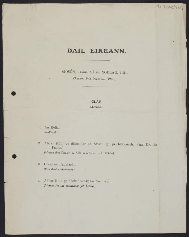 Agenda for Dáil Éireann session,