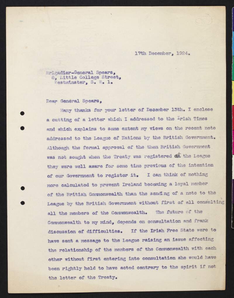 Copy letter from James Green Douglas to Brigadier-General Spears regarding the British Government registering the Treaty with the League of Nations,