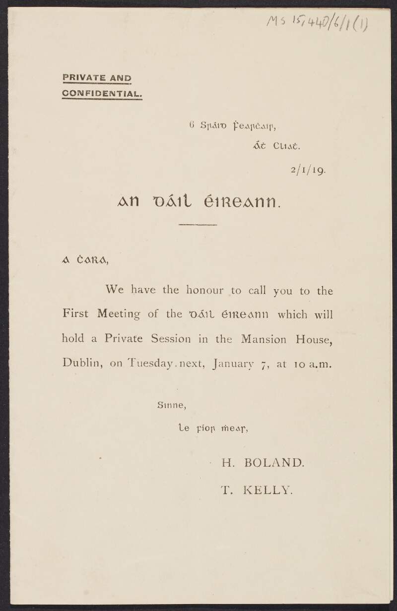Invitation for the first meeting of Dáil Éireann,