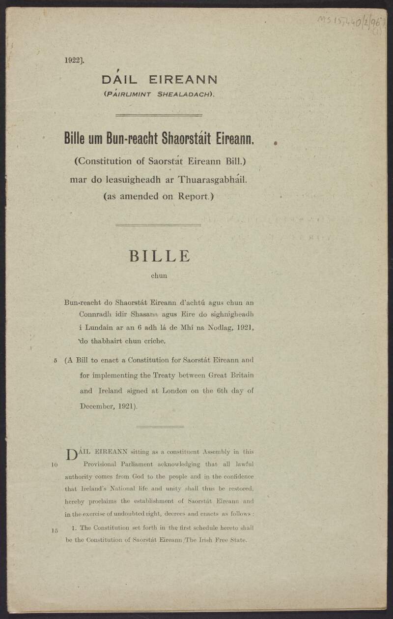 Draft Constitution of Saorstát Éireann Bill as amended on report,
