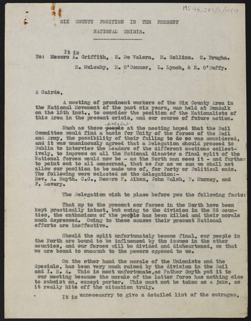Typescript letter from Frank Aiken and Patrick Lavery, and others to Arthur Griffith and others titled "Six County Position in the Present National Crisis",