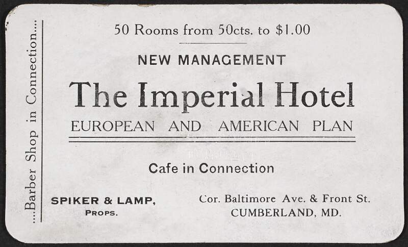 Business cards for The Imperial Hotel, Cumberland, Maryland, and Hammer Printing Company, Detroit,
