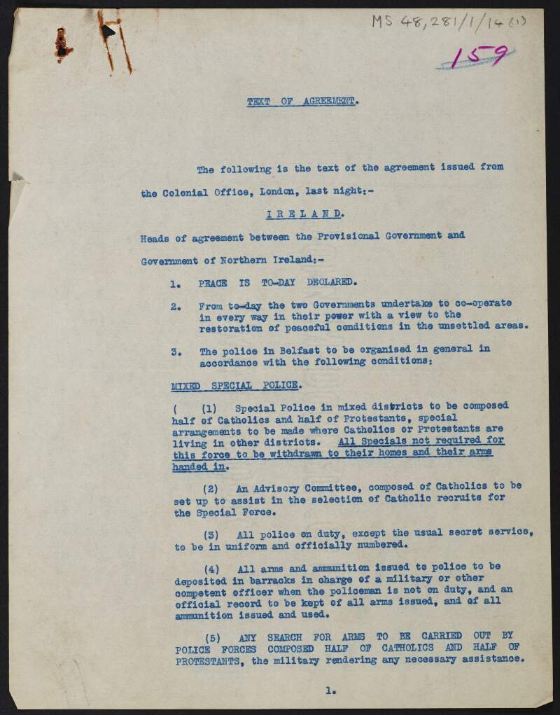 Typescript document "Text of Agreement" relating to the Collins-Craig meeting of 29 March 1922 and regarding relations between Ireland and Northern Ireland,