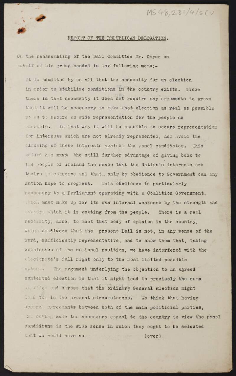 Typescript report from the Republican Delegation of the Dáil Truce Committee on attempts to stop the outbreak of a civil war,