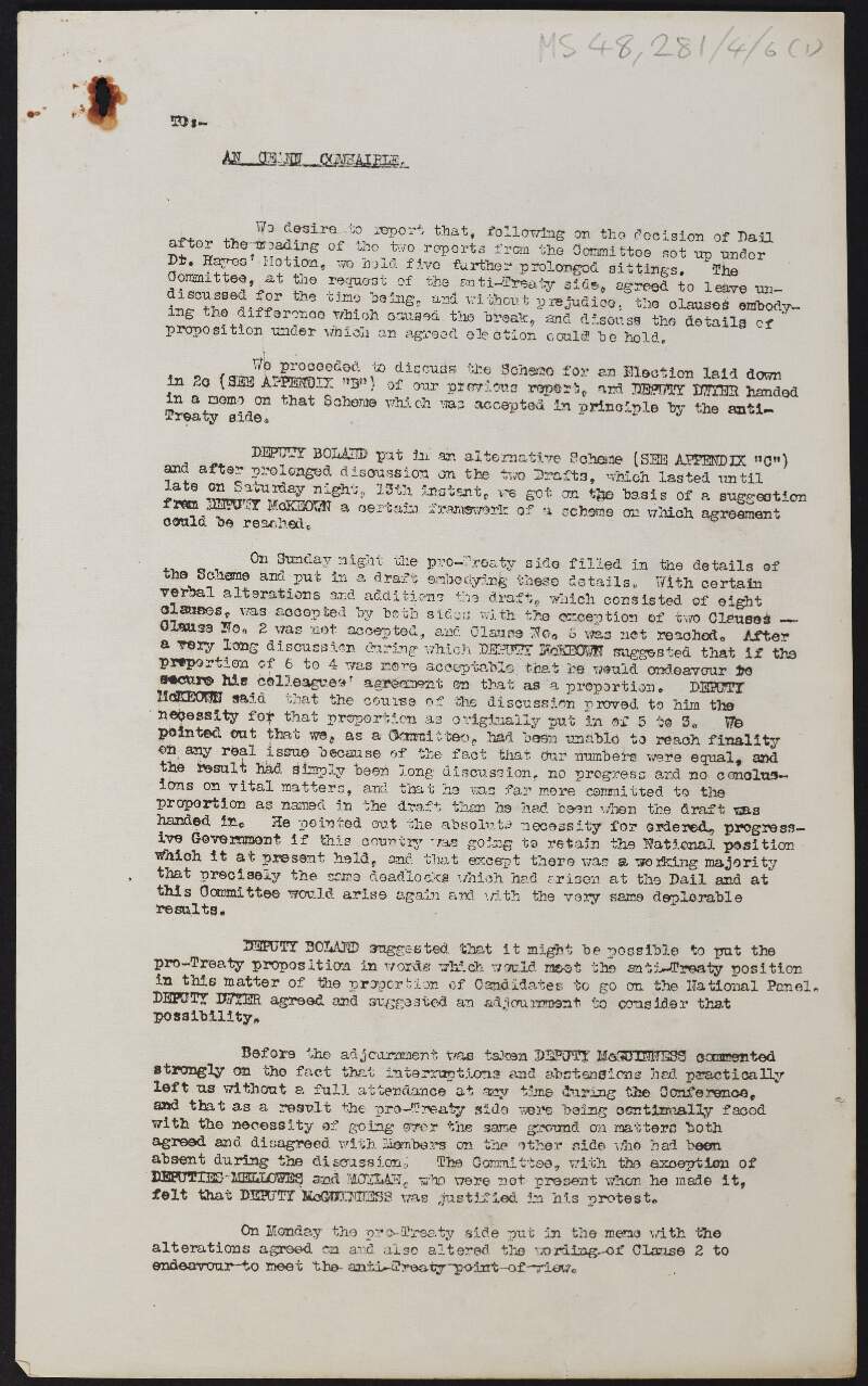 Typescript letter from Seán MacEoin and others to Michael Hayes, Ceann Comhairle, regarding bridging the gap between Pro-Treaty and Anti-Treaty members of the Dail,