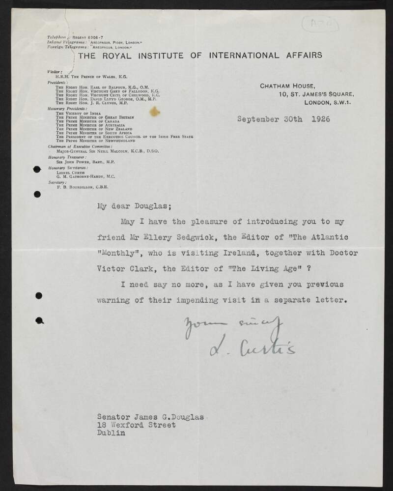 Letter from Lionel Curtis, Royal Institute of International Affairs, to James Green Douglas introducing him to Ellery Sedgwick, Editor of 'Atlantic Monthly',