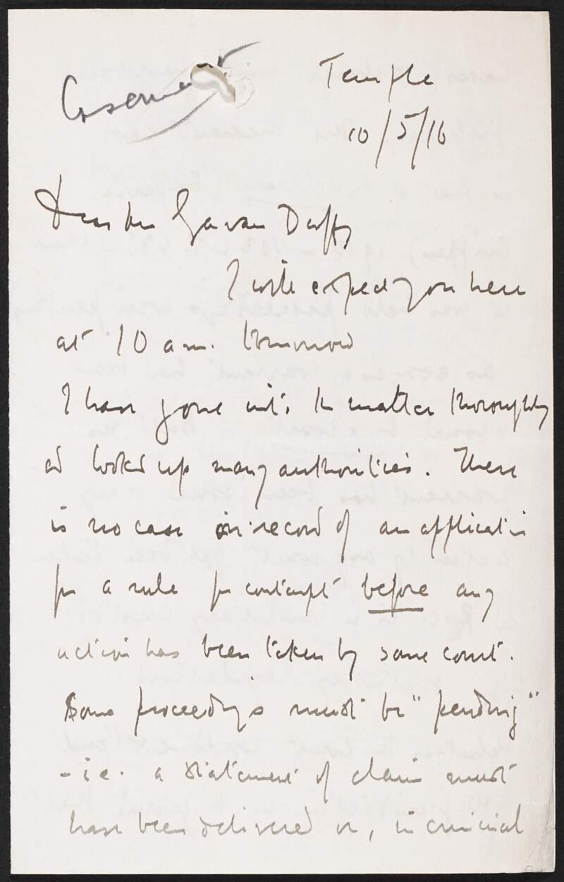 Letter from John Hartman Morgan to George Gavan Duffy regarding the trial of Roger Casement,