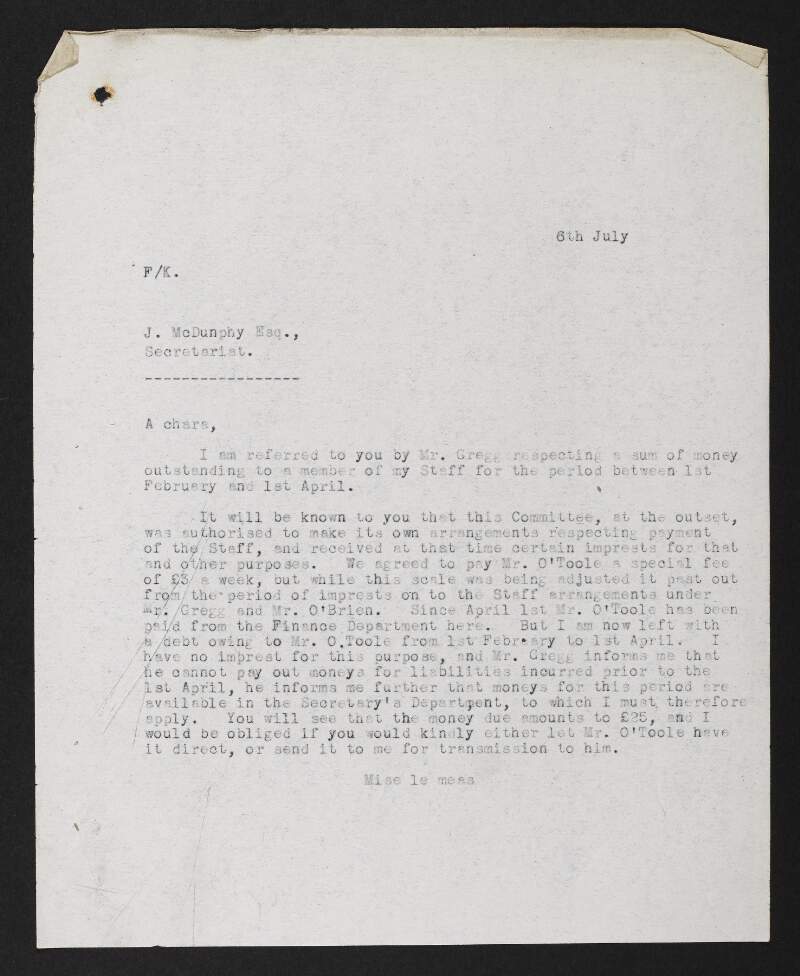 Copy letter from Darrell Figgis, Chairman of the Constitution Committee, to "J. McDunphy" [Michael McDunphy], Secretariat to the Provisional Government, regarding P. A. O'Toole's allowance,