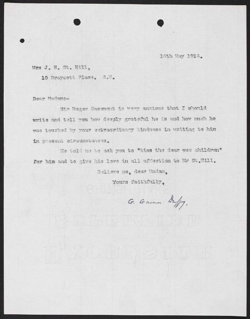 Letter from George Gavan Duffy to unidentified recipient regarding a letter sent to Roger Casement,