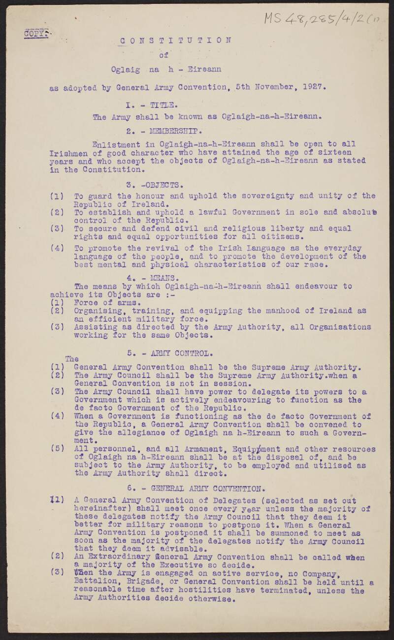 Typescript copy of the constitution of Óglaigh na h-Éireann,