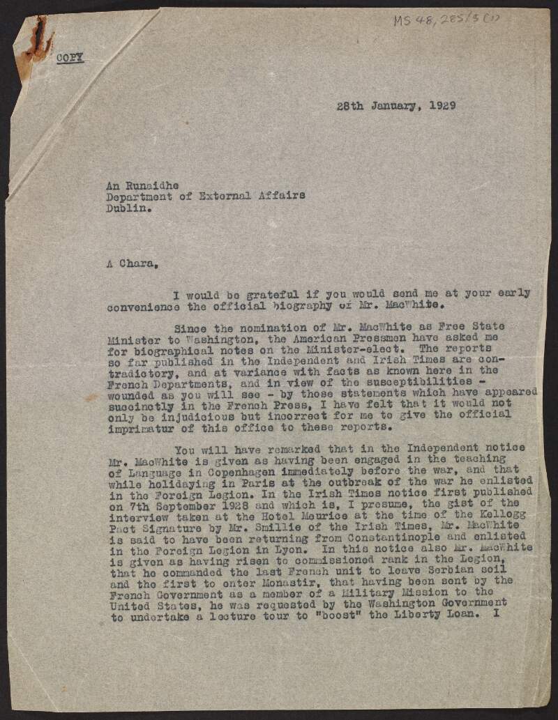 Typescript letter from an unidentified author to the Department of Foreign Affairs requesting a biography of Michael MacWhite before appointment as Free State Minister to Washington,