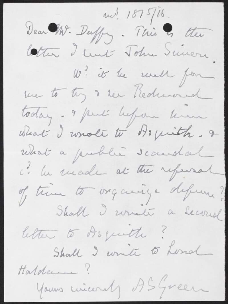 Letter from Alice Stopford Green to George Gavan Duffy regarding a letter she sent to H.H. Asquith,