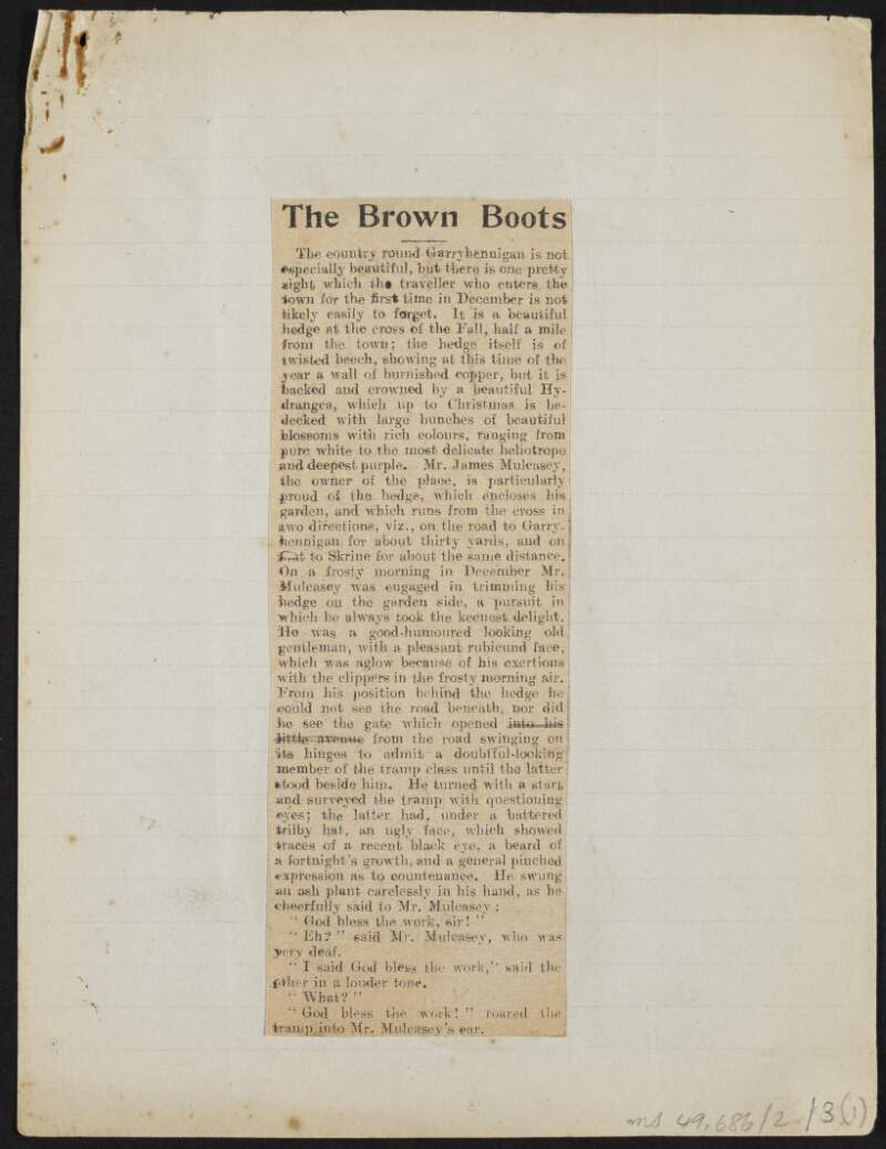 Newspaper cutting of short story 'The Brown Boots' by Robert Brennan,