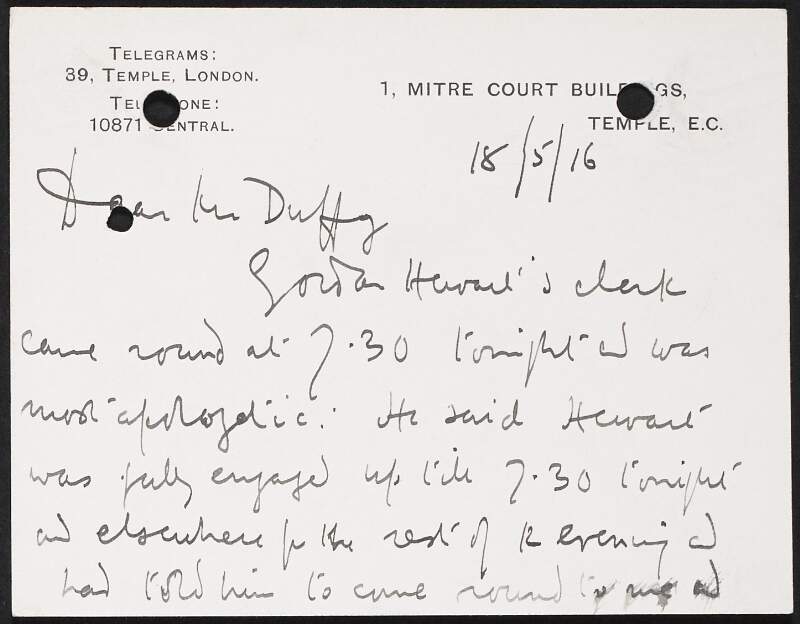 Note from John Hartman Morgan to George Gavan Duffy regarding a clerk's visit,