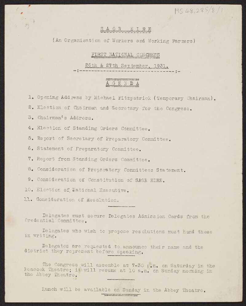 Typescript agenda from Saor Éire of "First National Congress", 26 & 27 September 1931,