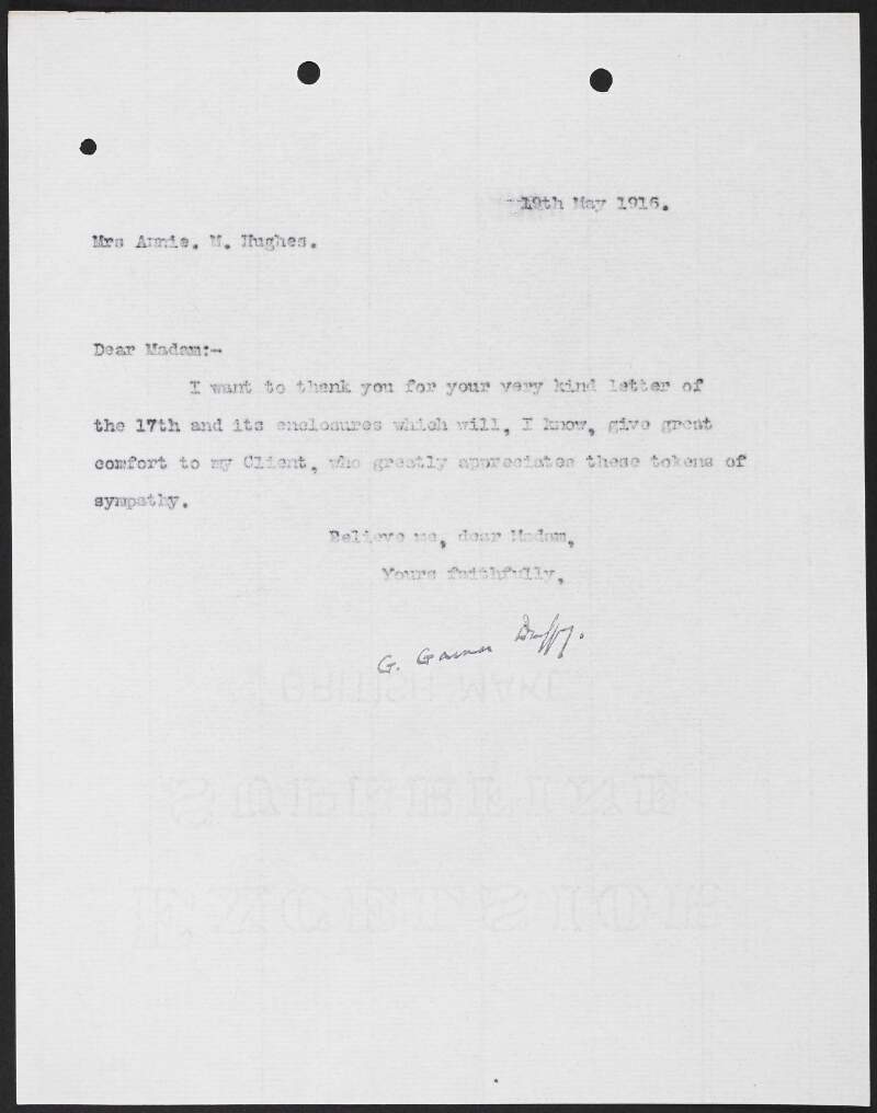 Letter from George Gavan Duffy to Annie M. Hughes thanking her for a letter she had sent to Roger Casement,