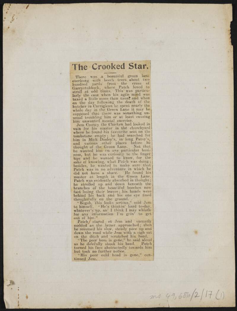 Newspaper cutting of short story 'The Crooked Star' by Robert Brennan,