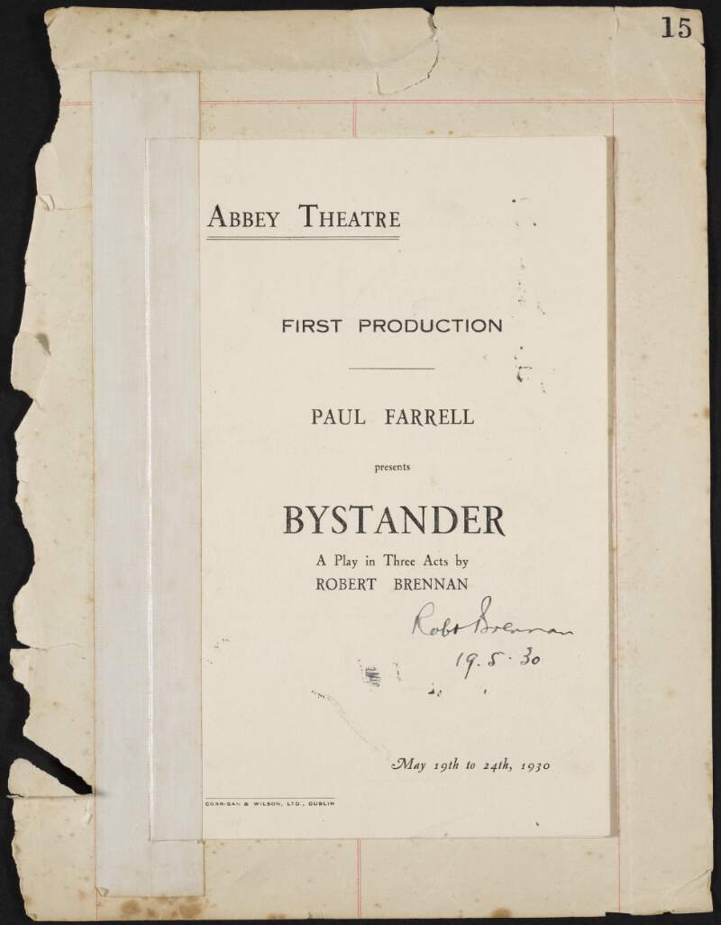 Programme for 'Bystander: A Play in Three Acts by Robert Brennan',