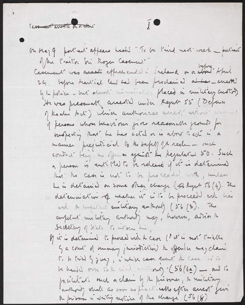 Notes concerning the arrest of Roger Casement,