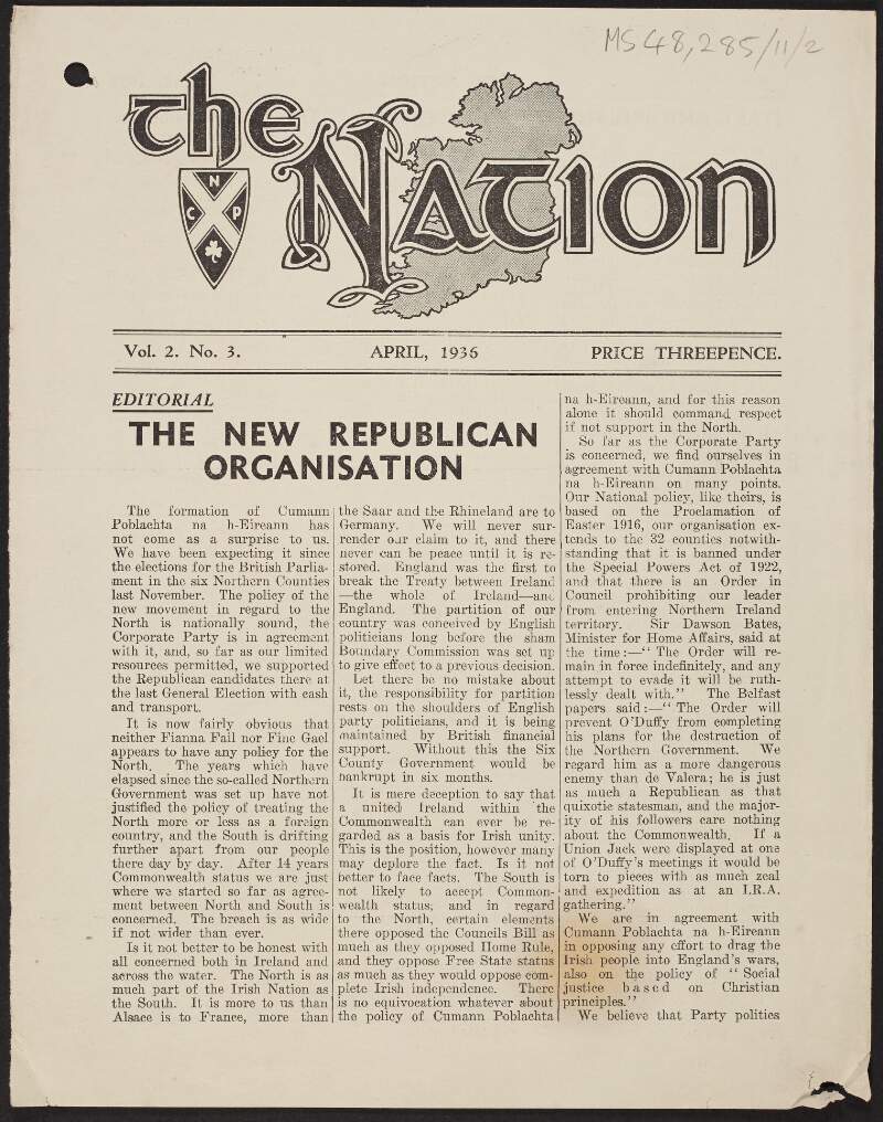 Front page of 'The Nation' with article entitled "The New Republican Organisation, regarding Cumann Poblachta na hÉireann",