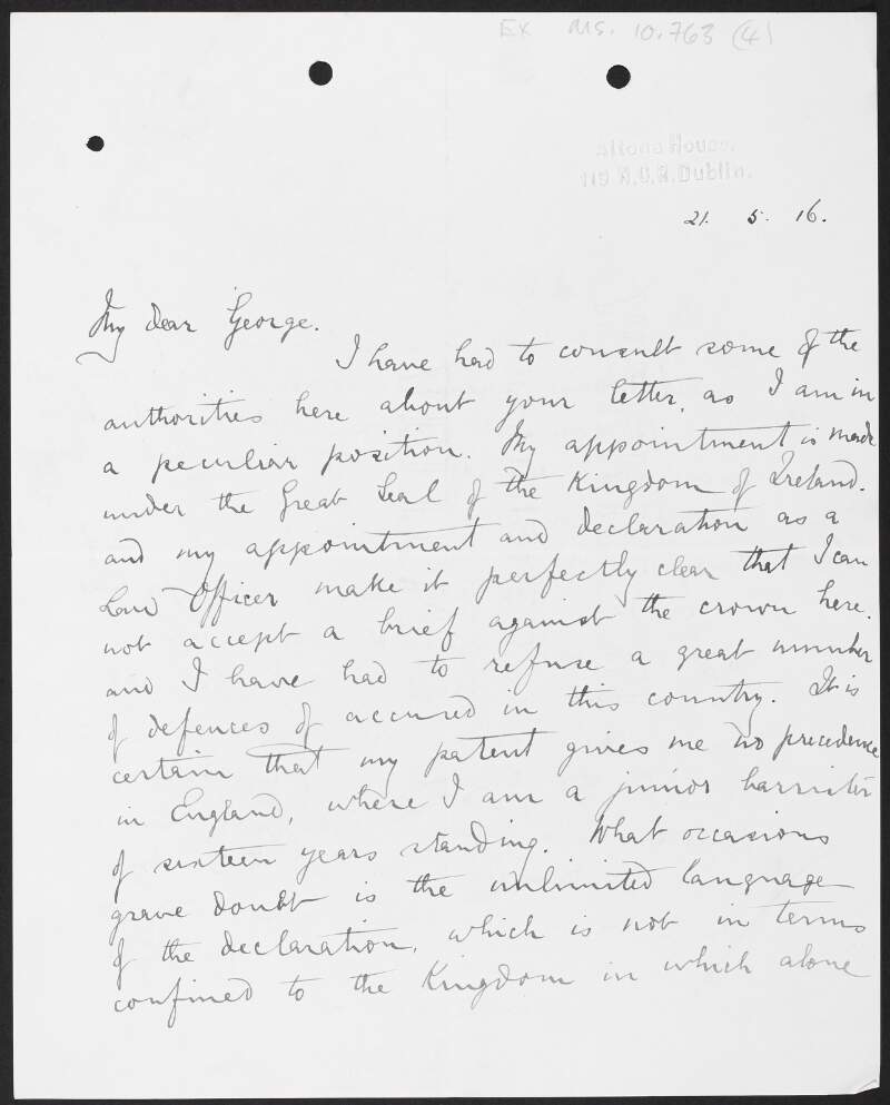 Letter from Serjeant Alexander Martin Sullivan, Altona House, Dublin, to George Gavan Duffy regarding a brief,
