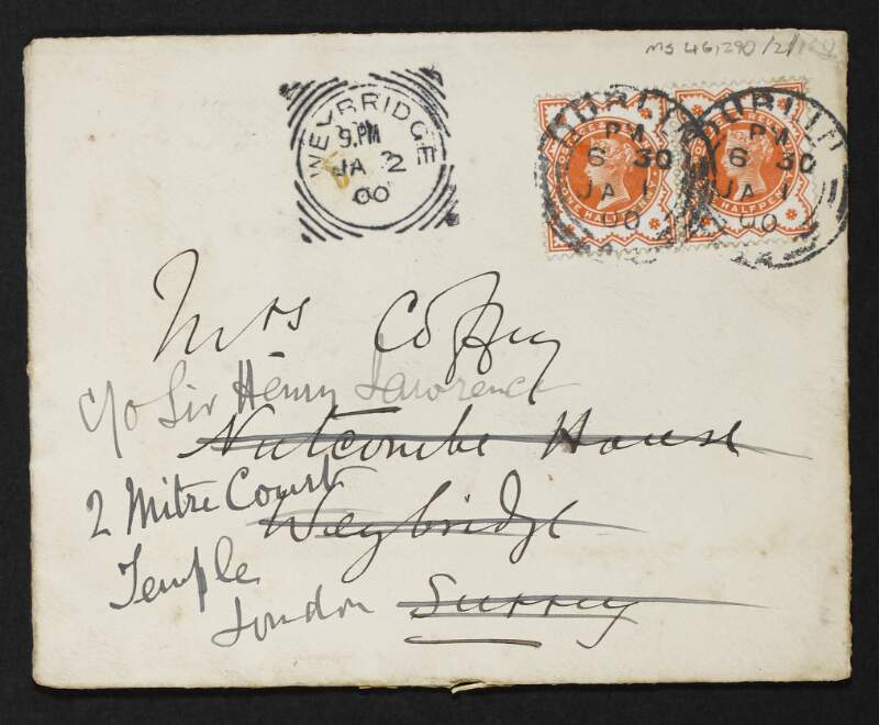 Letter from George Coffey to Jane Coffey, in England, with references to Sarah Purser's illness, Jane Coffey's visit to Weybridge and a visit,