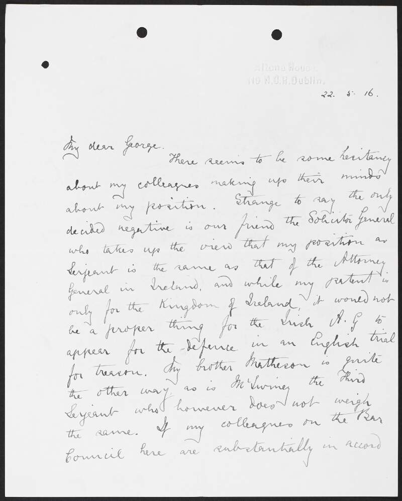 Letter from Serjeant Alexander Martin Sullivan, Altona House, Dublin, to George Gavan Duffy regarding the trial of Roger Casement,