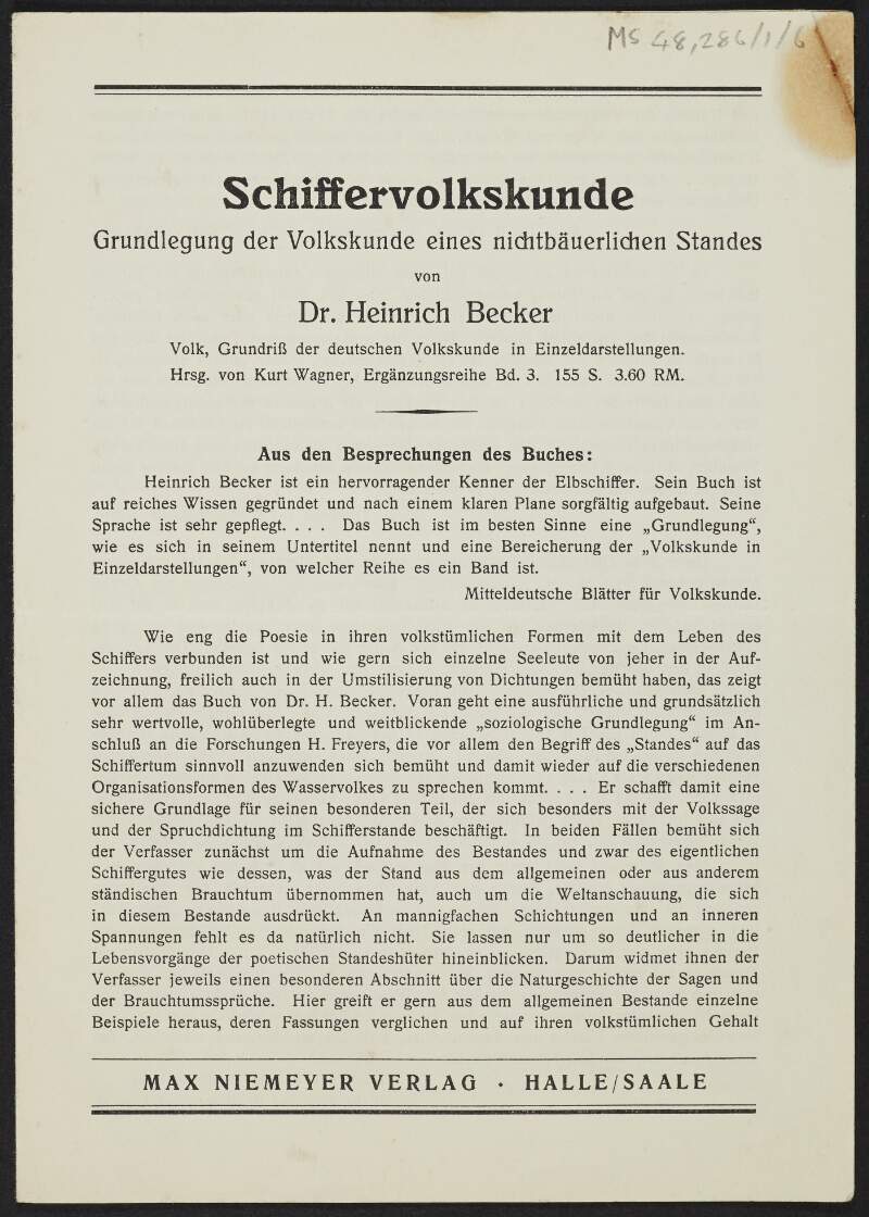Pamphlet titled 'Schiffervolkskunde / Grundlegung der Volkskunde eines nichtbäuerlicen Stades',
