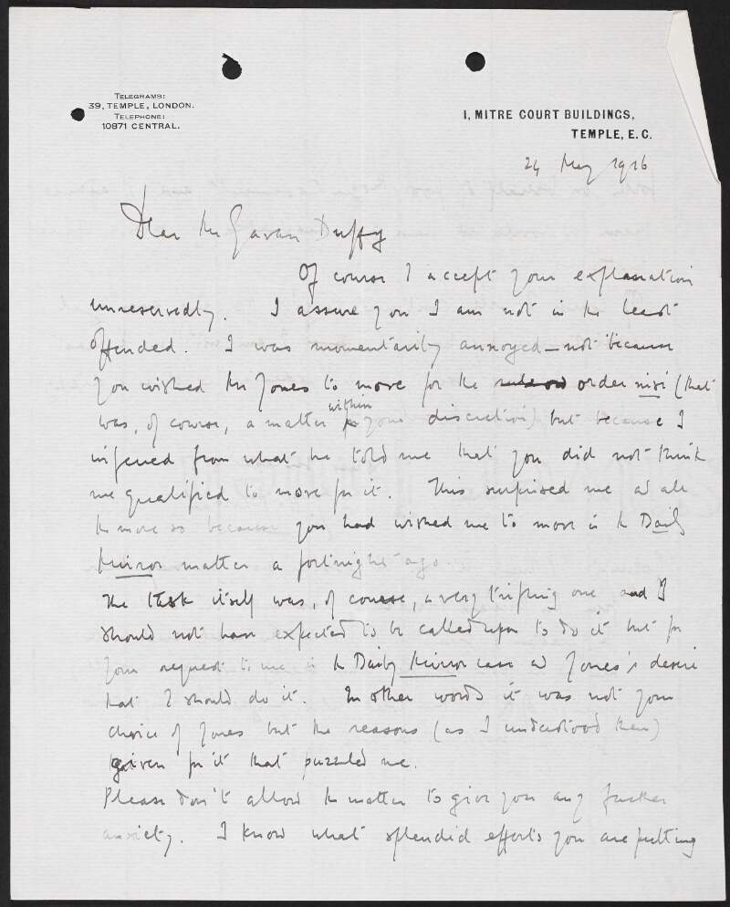 Letter from John Hartman Morgan, Mitre Court Buildings, Temple, to George Gavan Duffy regarding the trial of Roger Casement,