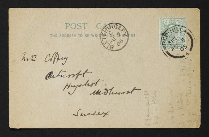 Postcard from George Coffey to Jane Coffey regarding his plans to join her in Midhurst, Sussex,